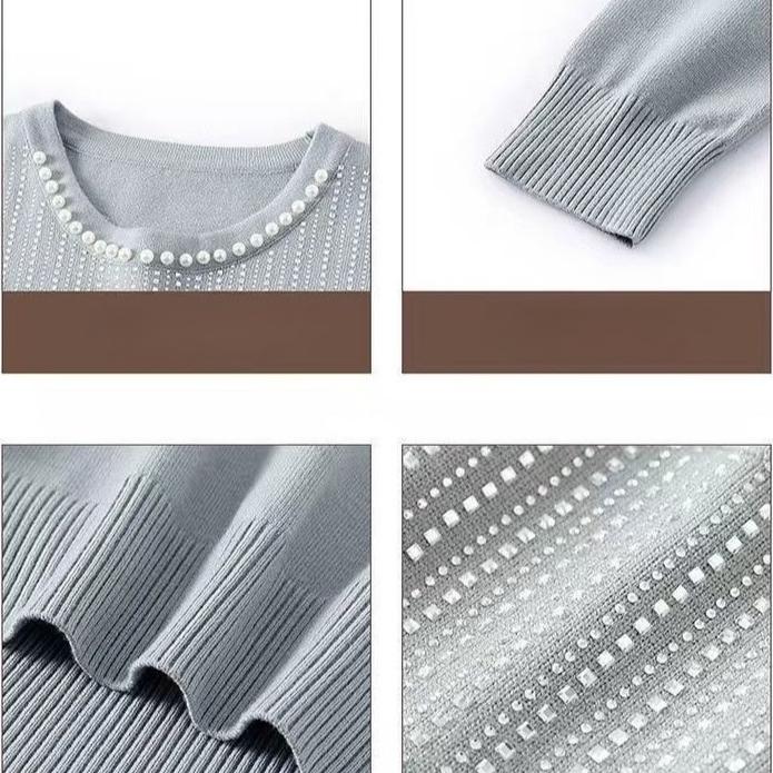 Spring Autumn Women's Round Neck Knit Sweater Loose Beaded Knit Pullover Top