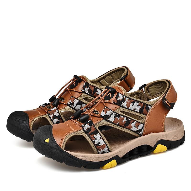 

Мужские кожаные уличные сандалии большого размера, нескользящие, износостойкие, дышащие, модные уличные пляжные сандалии 45 светло-коричневого