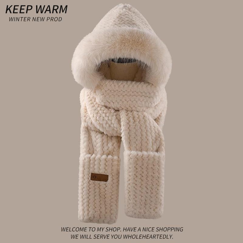 Womens Winter Warm Fleece Hat Scarf Gloves Set With Hood Ear Protection Cute Cartoon Design