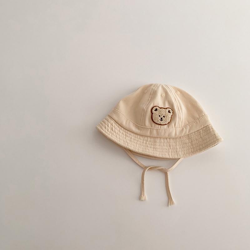 Cute Bear Baby Bucket Hat Solid Color Infant Boy Girl Cotton Fisherman Cap Summer Outdoor Toddler Lace-up Sun Hat