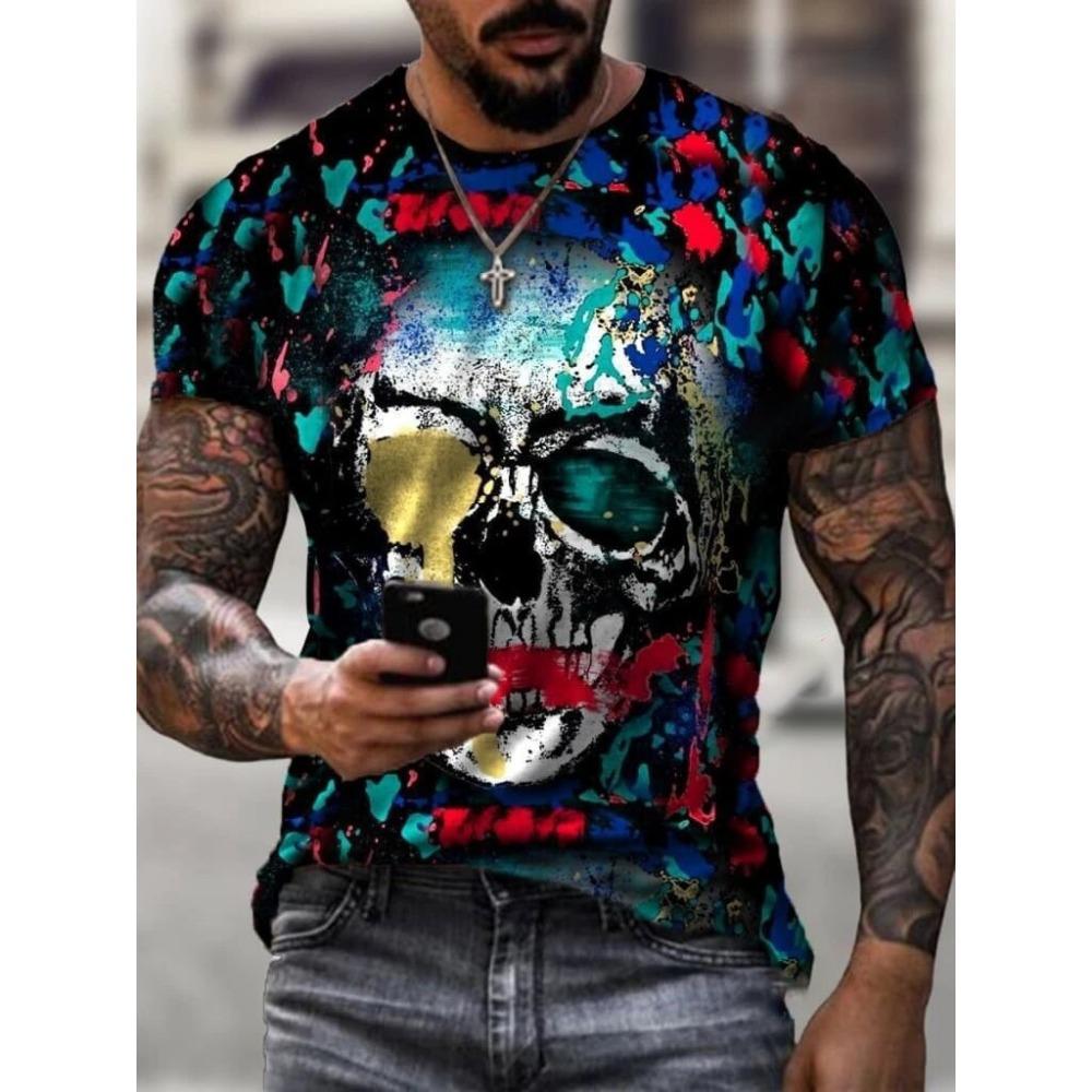 Skull Pattern 3D Printed T-shirt Summer Casual Round Neck Men's T-shirts