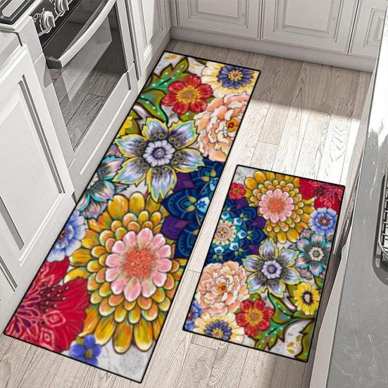 2 alfombras de cocina con estampado floral de colores vibrantes, resistentes al desgaste, antideslizantes, fáciles de limpiar, antiincrustantes