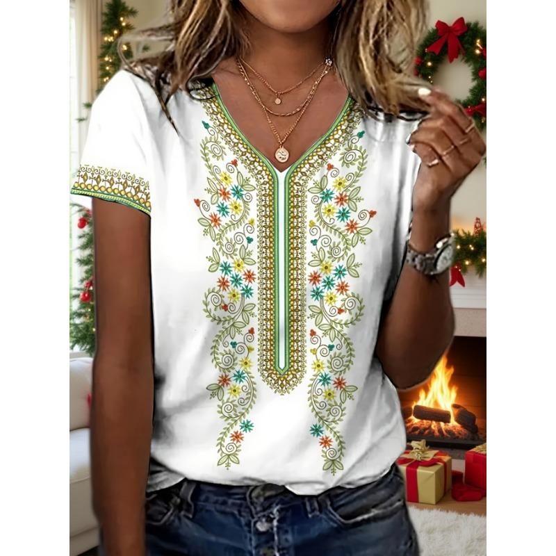 Casual ethnic style summer short-sleeved V-neck women s tops S