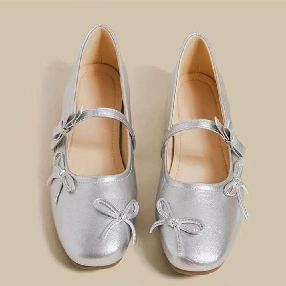 Flat Shoes Women s 2026 New Spring Autumn French Silver Round Head Bow Flats Pumps Womens Light Mouth Mary Jane Women s Shoes 40 2530₽