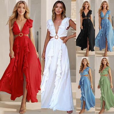 Vestidos de Moda para Mujer Sexy Ajustados sin Espalda Bohemios de Vacaciones Cuello en V Volantes Abertura de Color