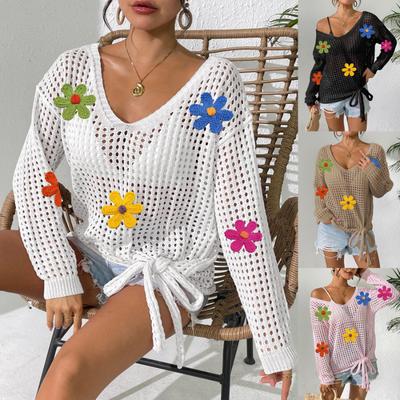 Women's V-neck Pullover Top Hollow Blouse with Bow Tie Woolen Outer Layer Knitted Sweater Spliced Loose