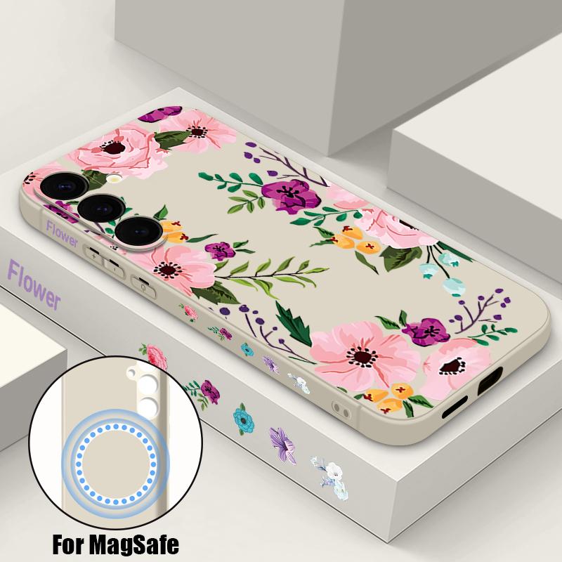 

Чехол с цветком пиона для Samsung Galaxy S25 S24 S23 S22 Ultra Plus S24 S21 FE для беспроводной зарядки Magsafe Магнитная мягкая накладка для телефона Galaxy S23+