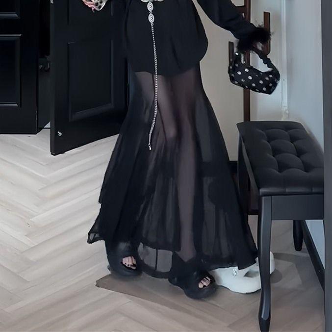 Chic Retro Black Suit Set: Women's Spring/Summer Mesh Spliced Loose Shirt & Long Skirt Two-Piece