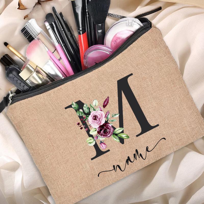 Linen Makeup Bag Customized Personalized Name Cosmetic Bag Bridesmaid Clutch Outdoor Travel Beauty  Bachelor Party Lipstick Bag