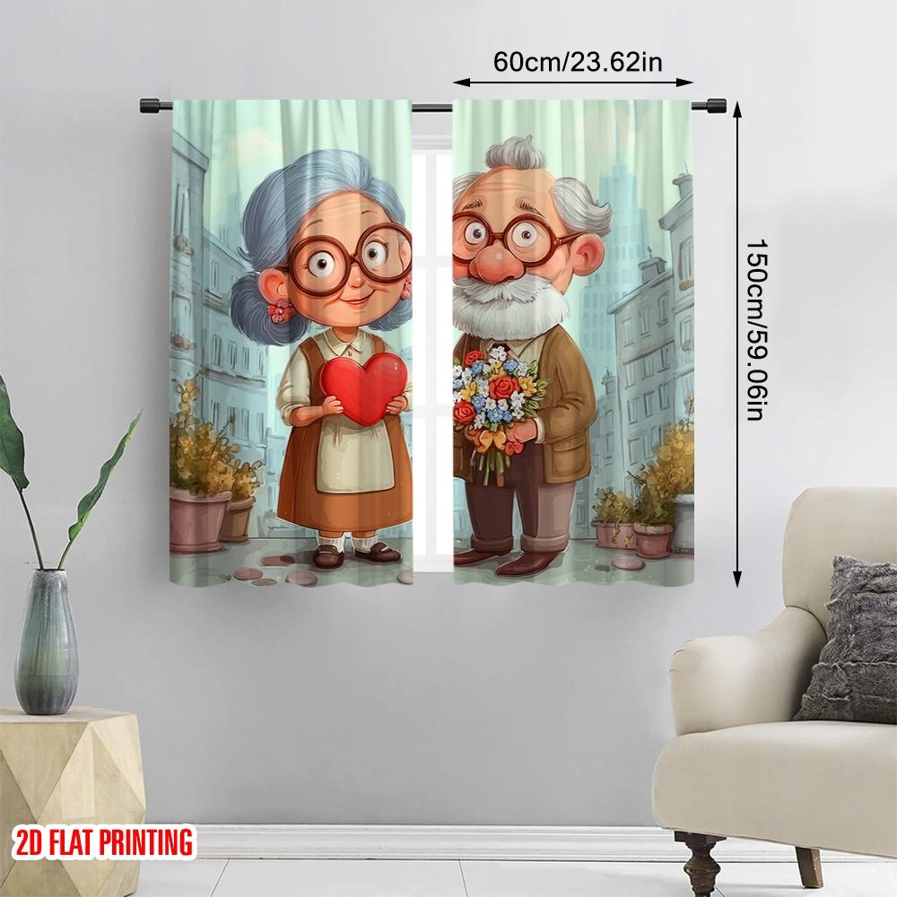 2pcs,2D Plane Printing Curtain Popular Grandmother and Grandfather Love Story Polyester Easy Install (without Rod) Holiday Ldeal