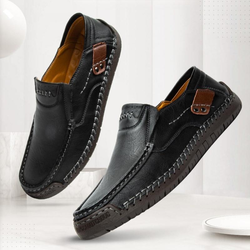 Men's Slip-on Casual Leather Shoes Hand-stitched Plus Size 36-50 Loafers Non-slip Soft Sole Flats for Walking Driving