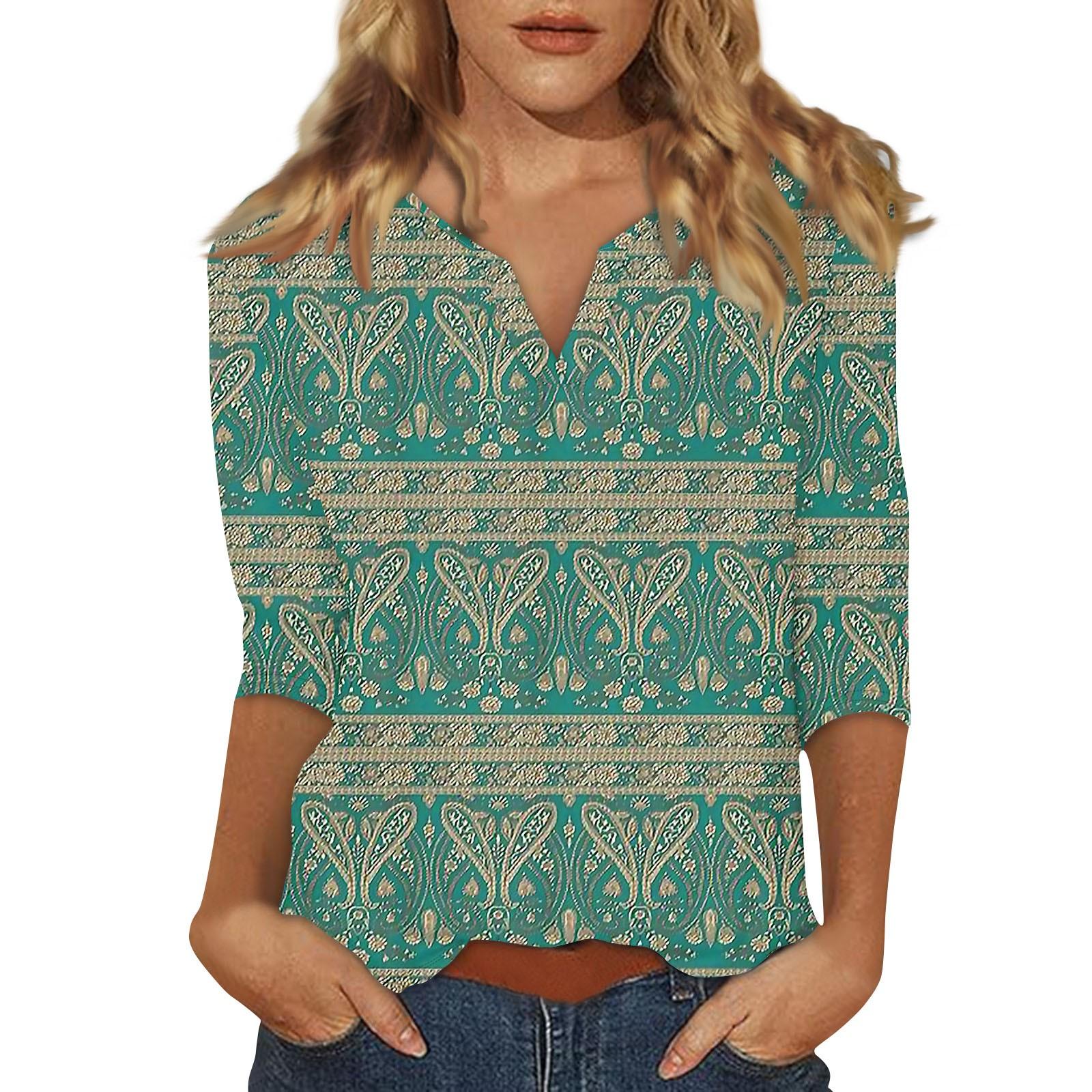 

Women s Stand Collar 3/4 Sleeve Printed Top T-shirt M