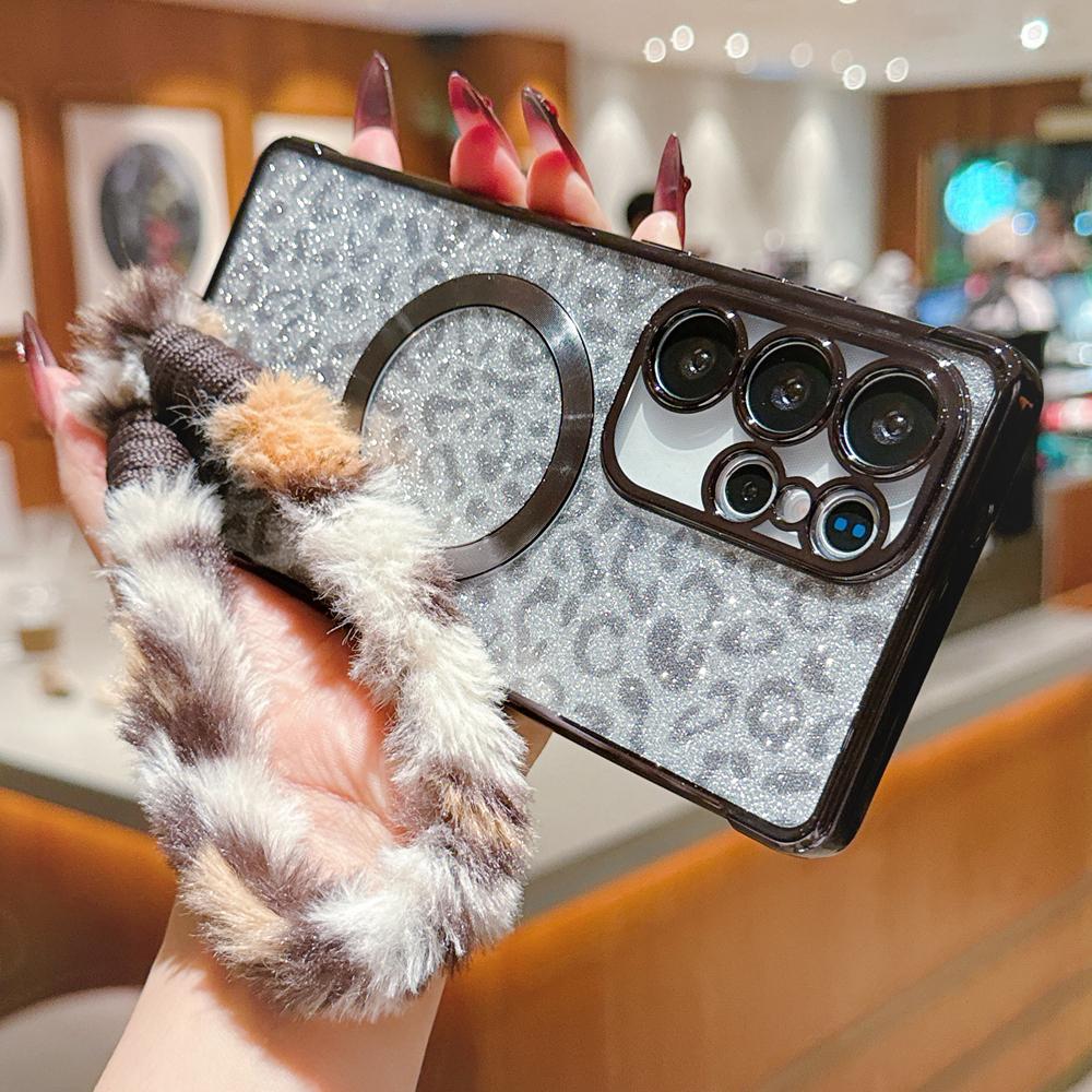 KEYSION Glitter Leopard Print Magnetic Phone Case for Samsung Galaxy S21 S22 S23 S24 S25 S26 Ultra S26+ S25 FE With Plush Lanyard Shockproof Cover