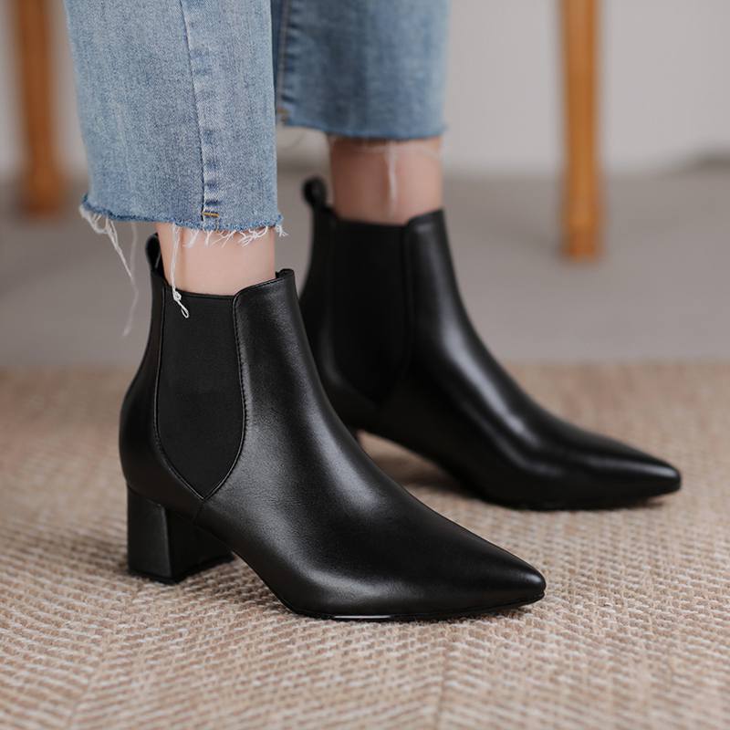 Krazing Pot Kravská kůže Zimní Špičaté špičky Silné střední podpatky Chelsea boty Dámské Nazouvací Velká velikost Retro Stručný styl Kotníkové boty