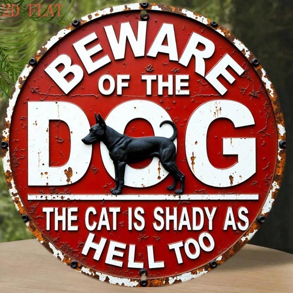 Vintage Metal Sign Rusty Farmhouse Wall Decor 8 Inch Round Beware of Dog Warning Plaque Retro Red White Funny Pet Caution