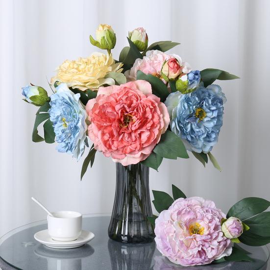 Artificial Peony with Green Leaves 2 Head Realistic Fake Silk Flower