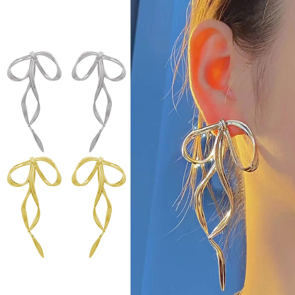 Fashionable Bow Shaped Ear Pendant Vintage Bowknot Earrings Simple Line Charm Dangle Eardrop Metal Jewelry for Women