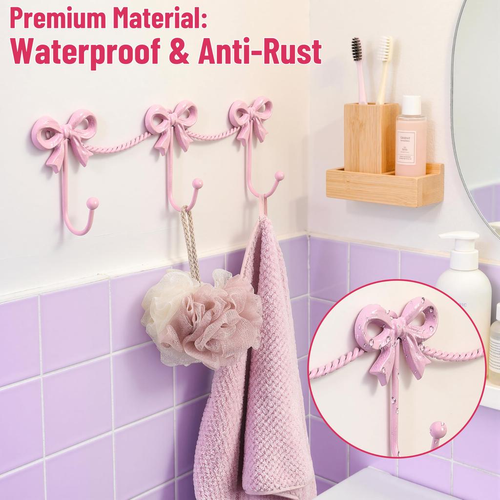 Pink Bow Wall Hooks - Metal Triple Hanger with 3 Decorative Hooks for Towels Robes Bags in Girls Bedroom or Bathroom