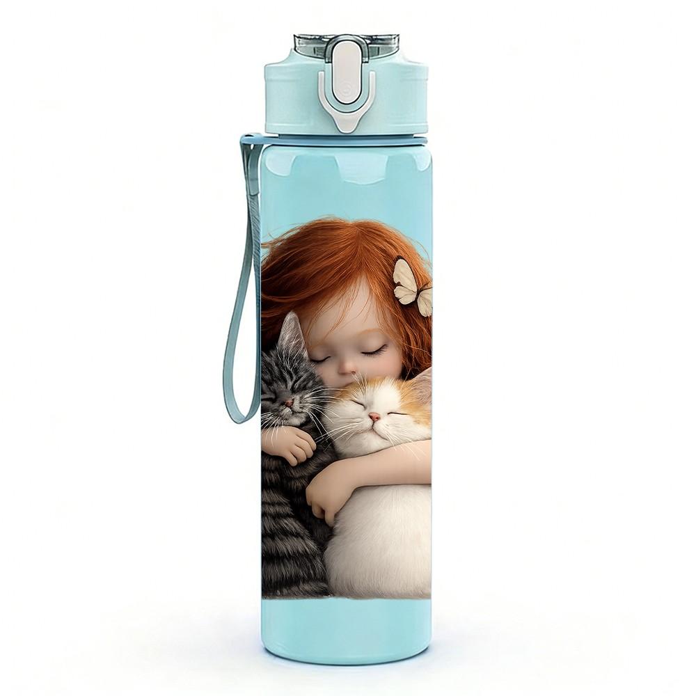 1PC Little Baby Hug Stuffed Bear Print 750ml Color Plastic Sports Water Bottle Leakproof Flip Straw Lid Suitable for Sports Office Home Use
