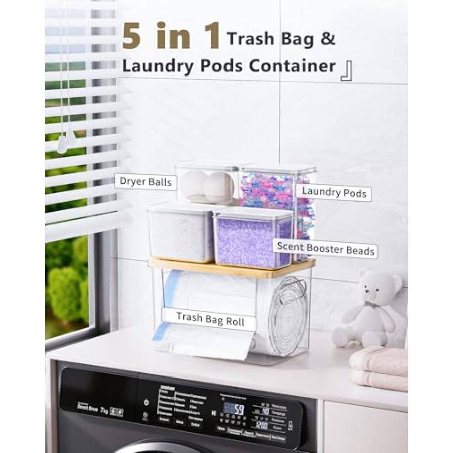 5 in 1 Under Sink Organizer Acrylic Trash Bag Dispenser for Kitchen Pantry Laundry Room with Dishwasher Pods and Laundry Deterg
