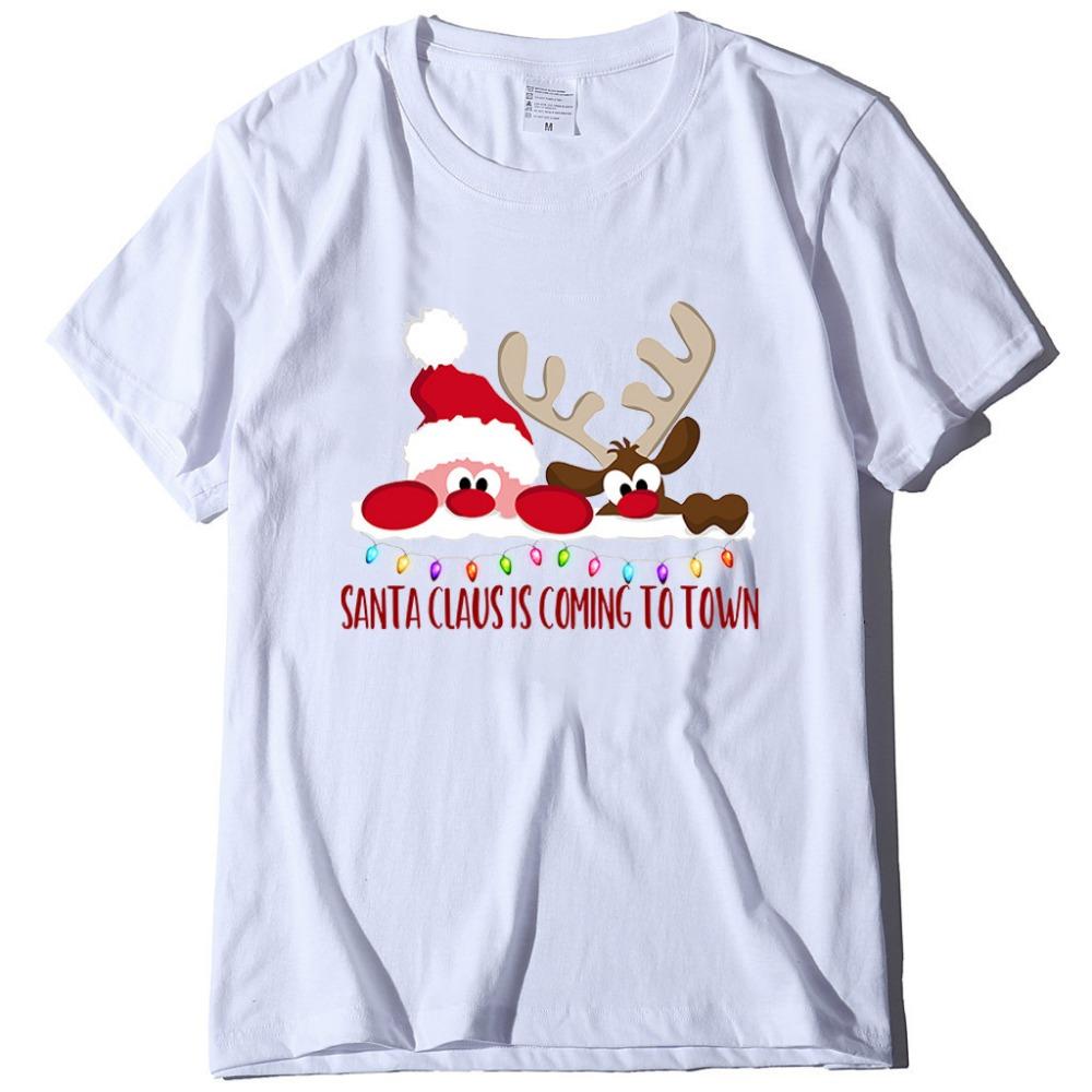 2025 New Children's Short Sleeved Christmas Reindeer Christmas Pattern Printed Girl's T-shirt Exquisite Christmas Cartoon Top