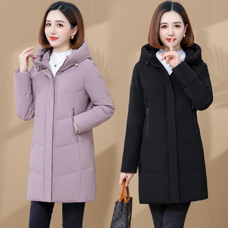 Luxury Women's Mid-Length Hooded Down Jacket - Premium White Duck Down