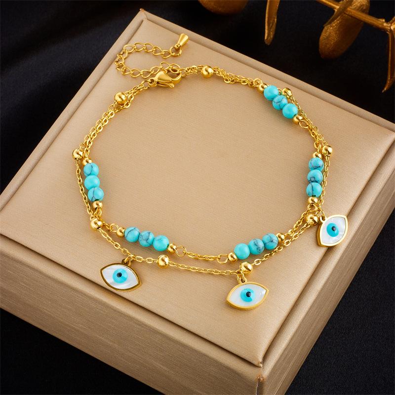 Gold Tone Double Layer Turquoise Beaded Star Charm Anklet