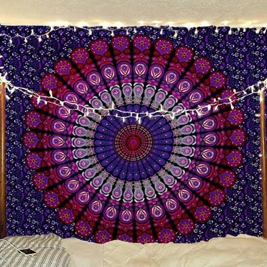 Golden Indian Bohemian Peacock Mandala Tapestry Wall Hanging