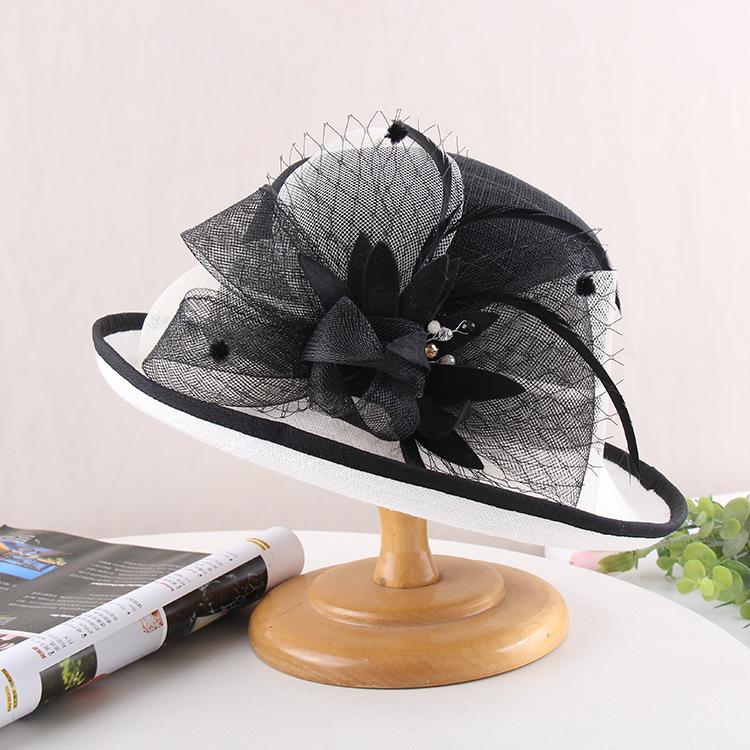 European And American Hepburn Style Black And White Crimped Top Hat, Linen Material Elegant Flower Fashion Hat, Women'S Summer Sunscreen Sunshade