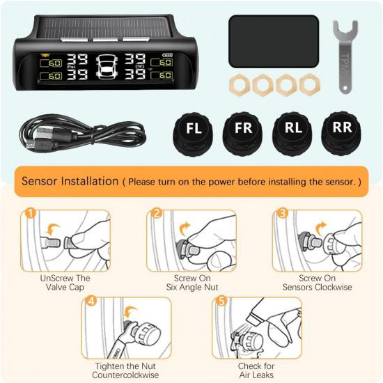 Tire Pressure Monitoring System - TPMS Tire Pressure Monitor System With Solar Charger, TPMS With 4 External Sensors & 5 Alarm Modes, LCD Real-Time