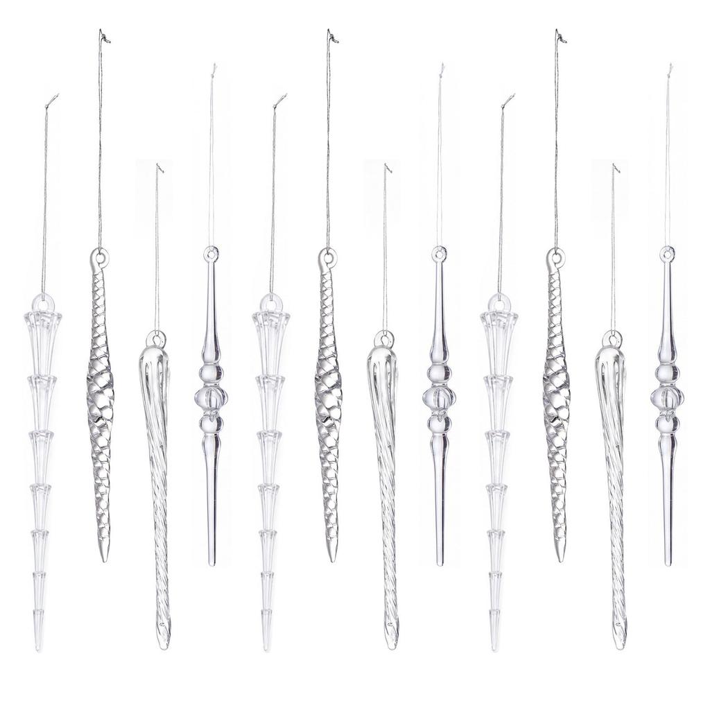 New 5" Acrylic Icicle Pendant Set - 12 Transparent Christmas Tree Ornaments