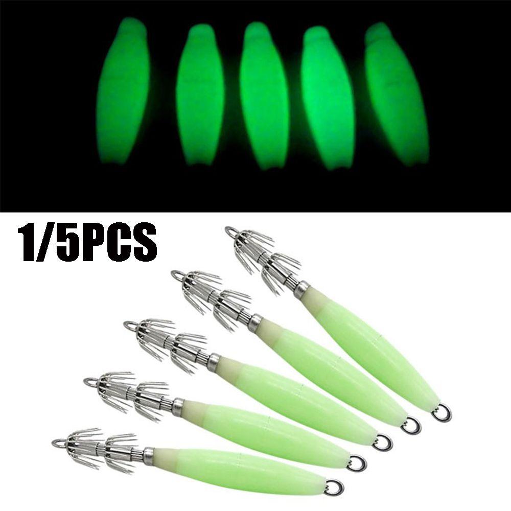 1/5PCS Noctilucent Jigs Luminous Squid Hook Wood Shrimp Lures Fishing Tackle Octopus Bait