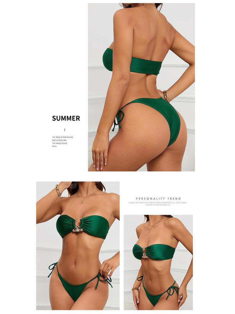 2024 Europäisches und amerikanisches sexy Bikini-Set aus glänzendem Stoff mit Tube-Top