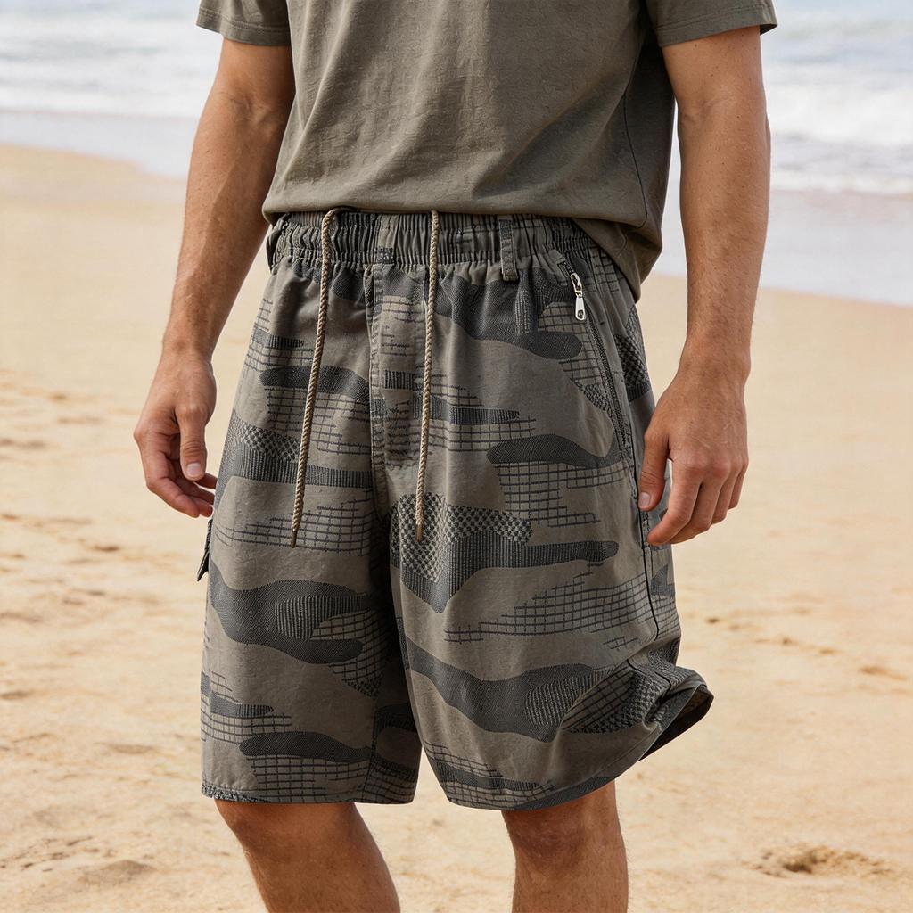Men Drawstring Waist Relaxed Fit Shorts with Zipper Pockets Lightweight Breathable Casual Camouflage Pattern Shorts for Summer