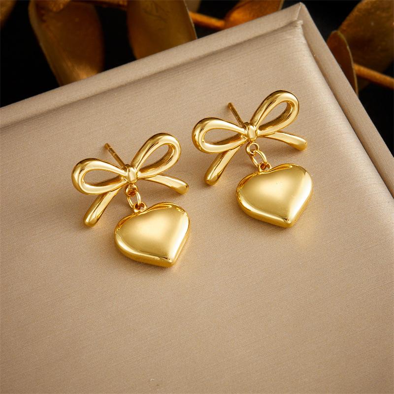 Bow Heart Drop Earrings For Women Gold Plated Stainless Steel Cute Fashion Jewelry