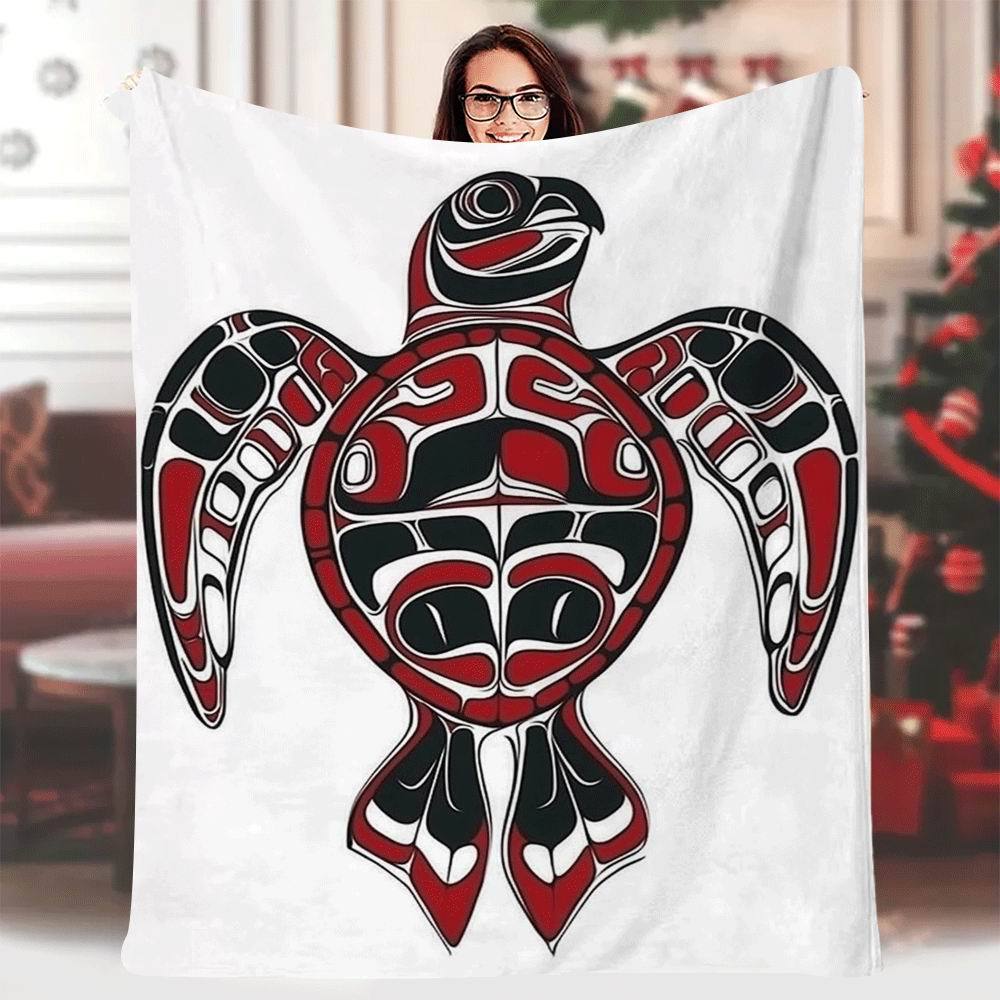 

1pc Vintage Haida Style Red & Black Sea Turtle Print Blanket, 60x80 Inch, Single-Sided, Soft & Cozy for Napping, Camping, Travel 70x100cm28x39in