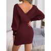 Solid Color Sexy Cross V Neck Batwing Long Sleeve High Waist Bodycon Pencil Mini Dress For Women