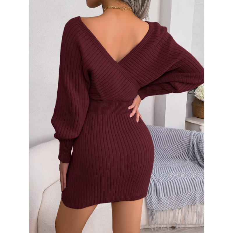 Solid Color Sexy Cross V Neck Batwing Long Sleeve High Waist Bodycon Pencil Mini Dress For Women