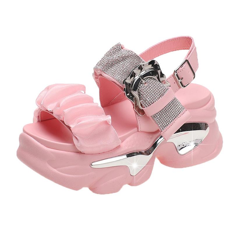 Fashion European Rhinestone Buckle Thick Bottom Higher Slope Heel Sponge Cake Casual Women's Summer New High Heel Sandals Slippers