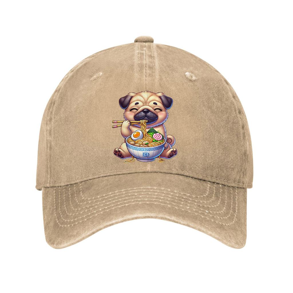 Cute Pug Eating Ramen Print Cotton Baseball Cap Funny Animal Lovers Adjustable Dad Hat Casual