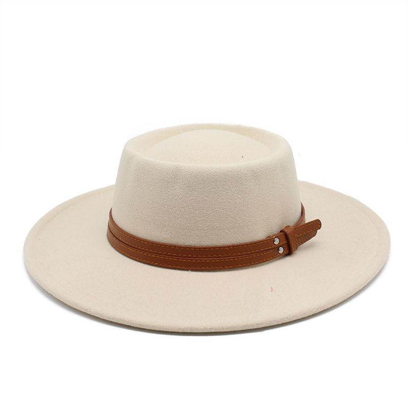 French Double Belt Buckle White Woolen Hat Flat Top Top Hat Female British Retro Style Wide Brim Felt Hat