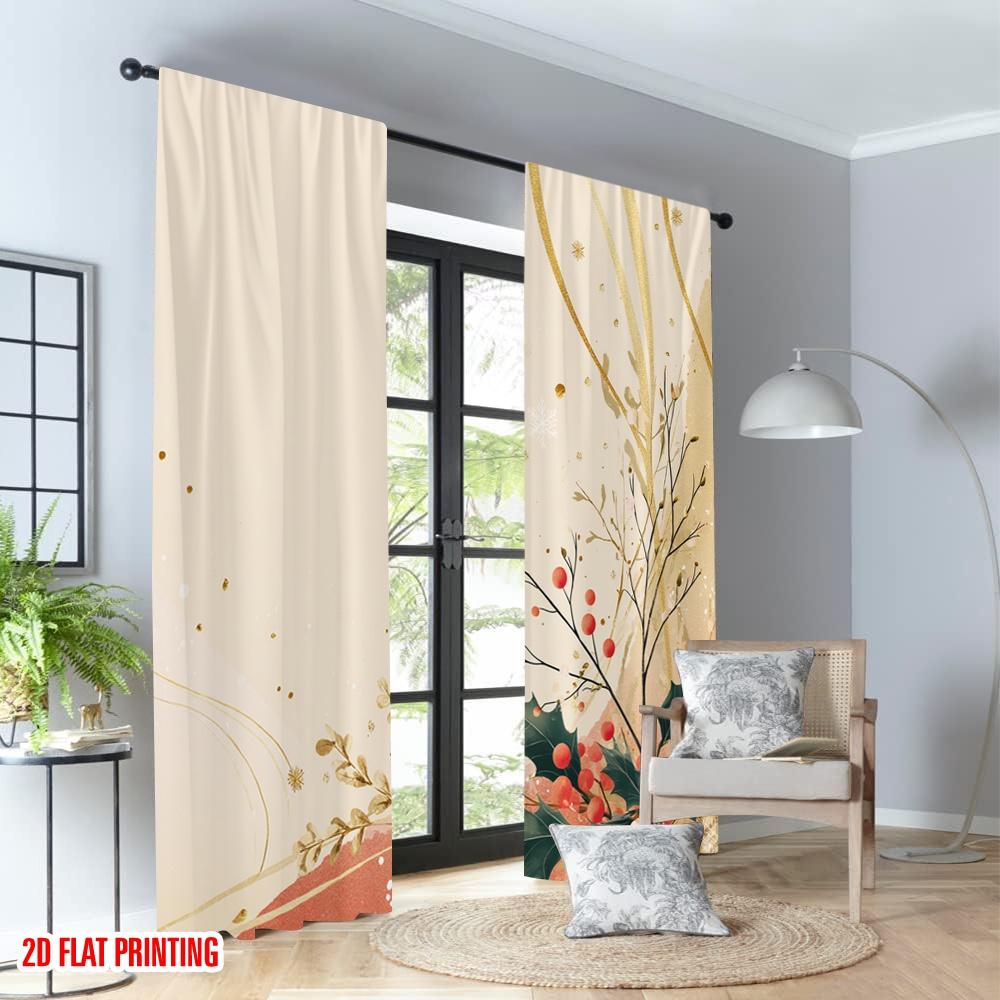 2pcs 2D flat printing Christmas Party Curtains Christmas Holly Berries Sprigs Digital Printed Polyester Drapes Party & Holiday