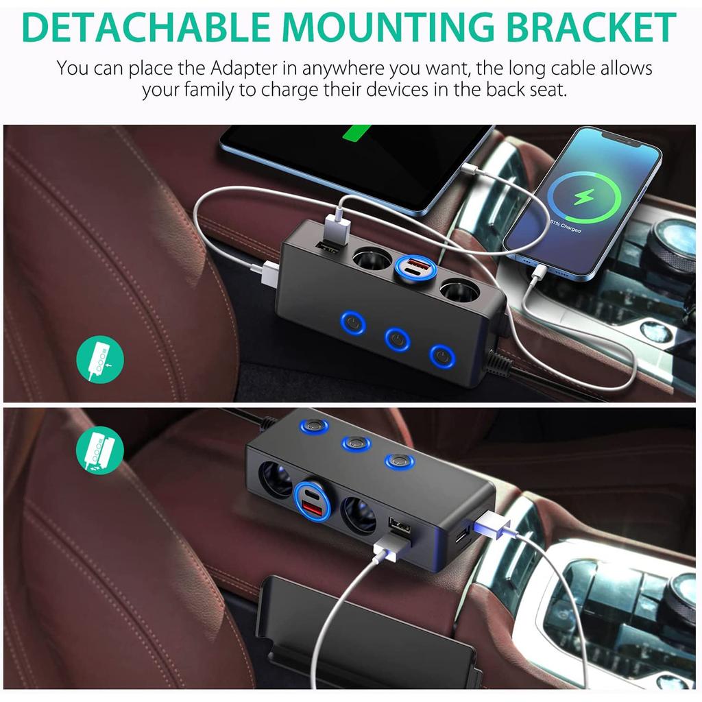 Car Chargers 120W QC3.0 Quick Charging Adapter 3-Socket Power Splitter 12-24V with 4 USB Ports