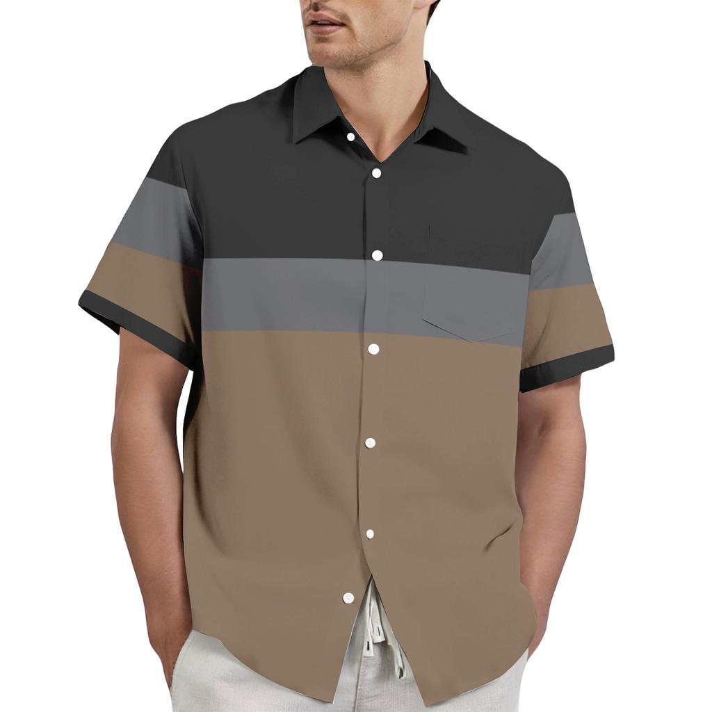 Men's casual stylish striped texture printed shirt - Men's lapel short-sleeved button-up shirt
