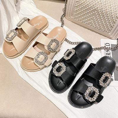 Fashion 2025 Brand Rhinestone Buckle Sandals Women's Double Strap Slippers Crystal Shoes Casual Slippers Flat