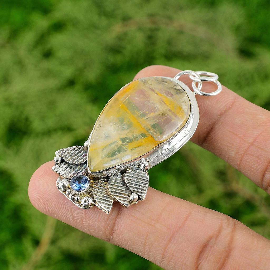 Pear Natural Plume Agate Tanzanite Quartz Engagement Pendant 925 Sterling Silver