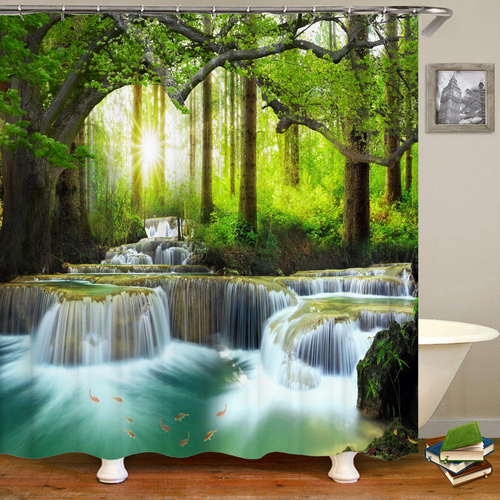 3d Printing Green Forest Waterfall Shower Curtains Waterproof Bathroom Curtain With Hooks Bath Curtain 180*200 Polyester Fabri