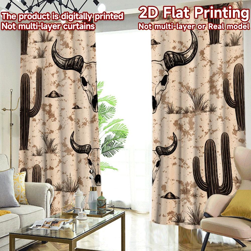 2D FLAT PRINTING 2pcs Curtains (Without Rod) Cactus and Skull Desert Light Filtering Popular Curtains Machine Washable Fabric