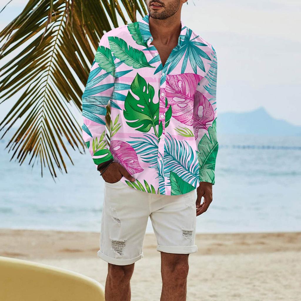 Men's Fashion Long Sleeve Printed Casual T Shirt Button Regular Fit Shirt Top