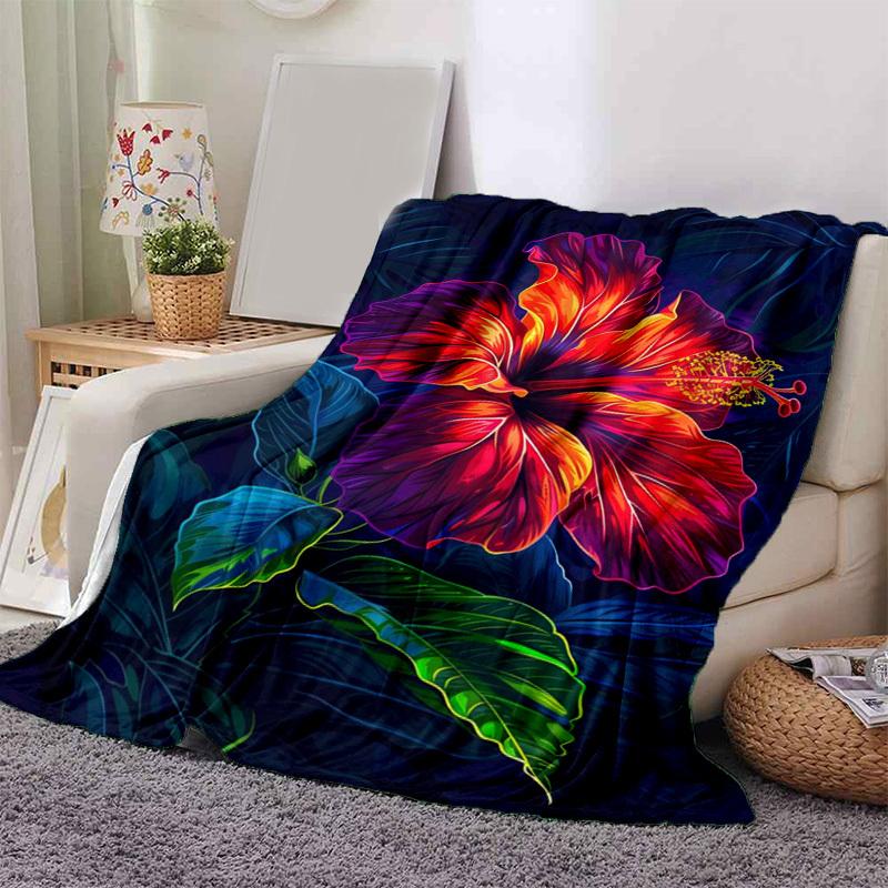 1pc. Vibrant Hibiscus Flower Print Blanket - Perfect for Home Decor, Office Use, Outdoor Activities, Gift Idea,